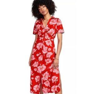 Old Navy Cotton Floral Red Pink Button Down Midi Dress Women's Medium Tropical